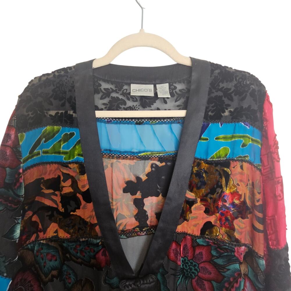 Chicos Silk Sheer Cardigan Size L Artsy Floral Bohemian Whimsigoth Patchwork - Picture 2 of 8